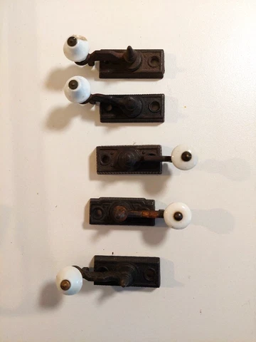 Latch Lot of 5Window Cabinet Not all the same Metal with Ceramic knobs Antique Cover
