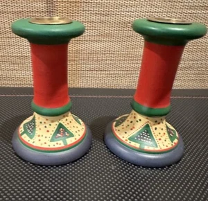 Vintage Winterfest Pair Wooden Painted Candlesticks Holiday Christmas Holders - Bild 1 von 3
