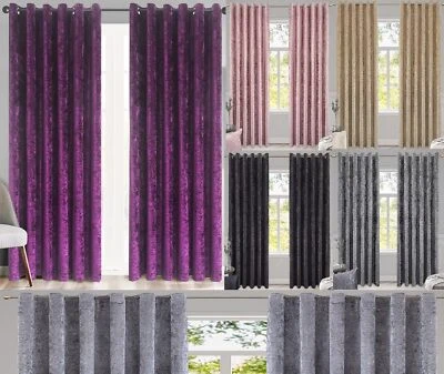 Luxury Crushed Velvet Curtains Pair Fully Lined Eyelet Ring Top Ready Made Thick - Image 1 of 4