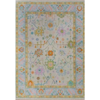 Modern Hand Knotted Oushak Area Rug in Vibrant Pink, Blue, Yellow & Green - Image 1 of 4