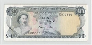 BAHAMAS $10 Dollars 1974, P-38b, "Allen", Pressed VF+/EF (staple holes) QEII. J2 - Picture 1 of 2