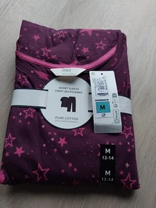 M&S Ladies Pyjama Set Size 12-14 Purple Crop Leg Short Sleeve New - Picture 1 of 3