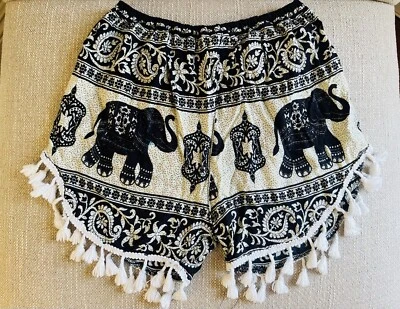Pantalones Cortos Calientes Elefante Tailandés con Borlas Pom Pom Negro Blanco Informal Salón Mini S Foto 1 de 3
