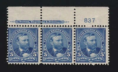US 281 5c Grant Mint Top Plate #837 Strip of 3 F-VF OG NH SCV $340 (001) - Image 1 of 2