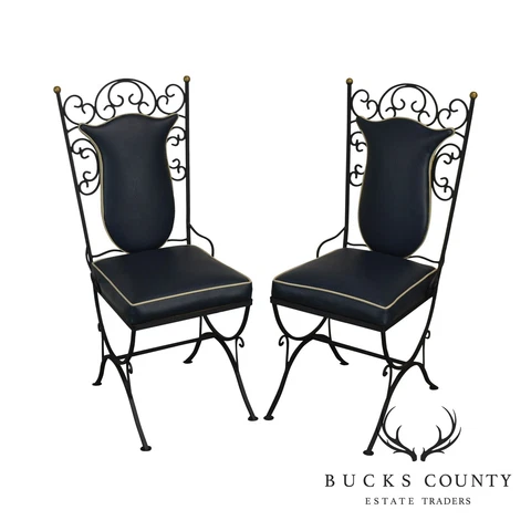 1950's Vintage Scrolled Wrought Iron & Vinyl Pair Side Chairs Cover