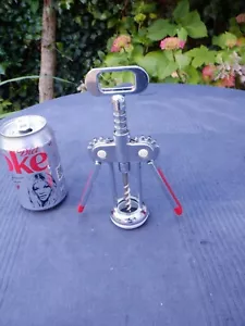Vintage Italian Chrome Corkscrew & Bottle Opener - Red & White Plastic Detailing - Foto 1 di 19