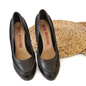 True Religion Platform Heels Brown Leather Closed Round Toe Pumps size 6 - Picture 1 of 9