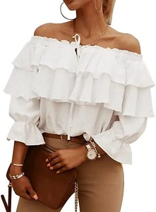 Women's Off Shoulder Bell Sleeve Ruffle Chiffon Blouse Shirt Pullover Top with D - Picture 1 of 16