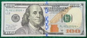 Series 2017A $100 One Hundred Dollar Bill Star Note PL02115526* Circulated Note - Picture 1 of 7