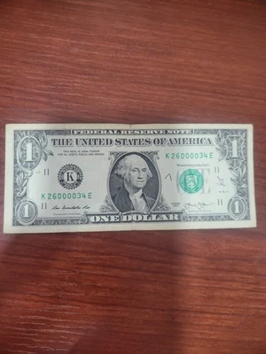 2013 One Dollar Bill $1 FRN Note FANCY SERIAL NUMBER K26000034E - Image 1 of 4