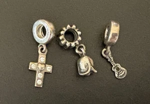 Menge 3 Pandora Sterlingsilber Dangle Slide Charms: Kreuz, Blume, Gitarre - Bild 1 von 8