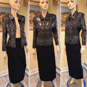 Vintage St. John 14/16 XL/Large schwarz metallic mit Schmucksteinen besetzt Stretch Wolle-Strick Rock Anzug - Bild 1 von 20