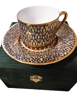 Antique Vintage Thai Benjarong Cup & Saucer Hand Painted Gold Thailand Gift Box - Picture 1 of 7