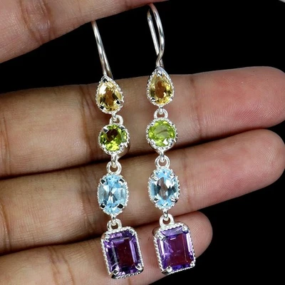 925 Sterling Silver Earrings Octagon Amethyst 9x7mm Citrine Topaz Gemstone - Image 1 of 4