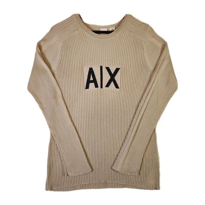 Vintage Armani Exchange Knit Sweater Mens Medium Tan Ribbed Crew Neck Fall Retro - Image 1 of 4