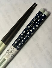 9" Chopsticks Navy Flowers Wood bottom, mint green center Unusual!