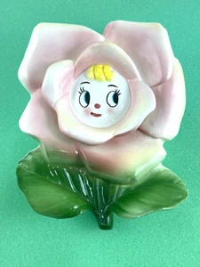 Vtg PY ? Rare Anthropomorphic Pink Flower Face Wall Pocket Read - Small Chips - Picture 1 of 20