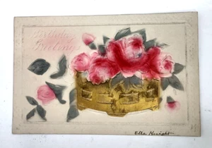 Postal de rosas rosadas en relieve de cumpleaños de 1912 dividida. Publicado en oro. Alemania - Imagen 1 de 2