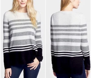 Vince 100% Cashmere Size M Stripped Sweater Long Sleeve Crew Neck Gray - Picture 1 of 20