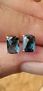 Blue Zircon Labcreated Emerald Cut Stud Earrings 14kt Solid Yellow Gold - Picture 1 of 12