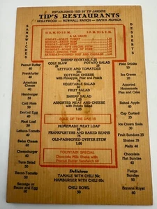 Vintage 1920's Wood Menu Los Angeles Tip's Restaurants Hollywood Santa Monica - Picture 1 of 2