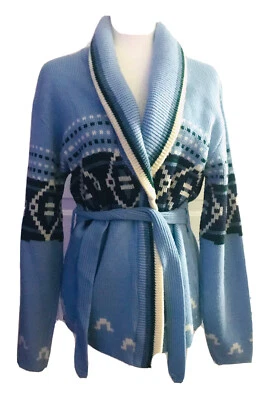 Cárdigan Suéter Vintage Suroeste Azteca Azul Blanco Verde Corbata Frontal Talla L Foto 1 de 4