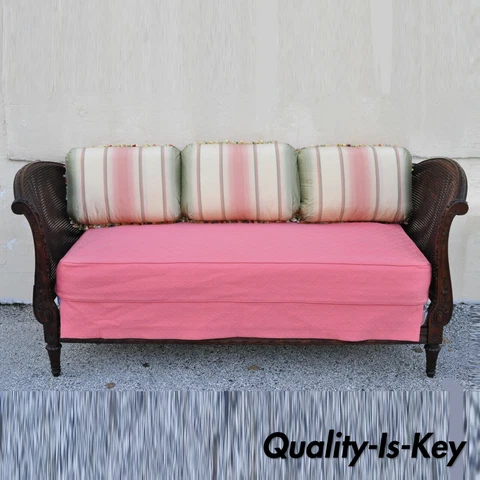 19th C. French Louis XVI Carved Walnut & Cane Daybed Sofa with Custom Mattress Cover