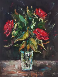 Dipinto olio su tela Impasto originale fiori rose in vaso 40x30 cm arte da parete - Foto 1 di 5