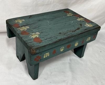 Vintage Folk Art Hand Painted Wood Footstool 12"x8" Children Hearts Apples - Image 1 of 4