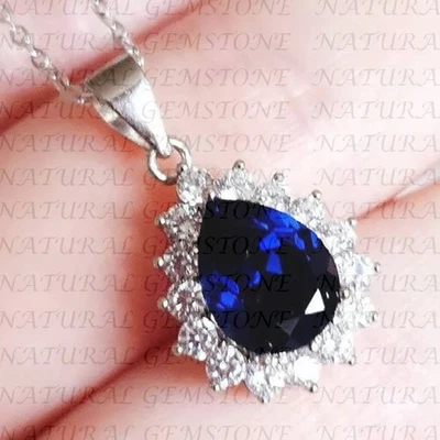 6.00Crt Pear Cut Natural Sapphire and Diamond Halo Pendant 18K White Gold Plated - Image 1 of 4