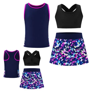 Kids Girls Sportswear Golf Activewear Yoga Tops And Skirts Sleeveless Costume - Picture 1 of 45