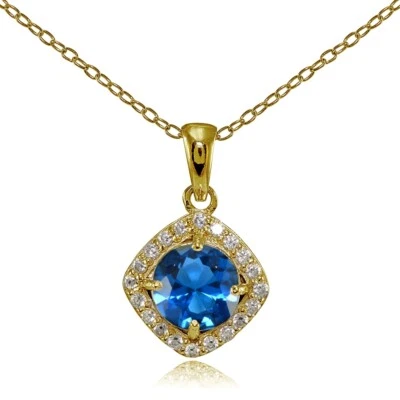 Gold Tone over Silver Simulated London Blue Topaz Round and CZ Accents Necklace - Image 1 of 4