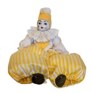 Pretty Clown Style Doll Porcelain Face Hands Feet w Puffy Yellow Striped Outfit - Picture 1 of 5