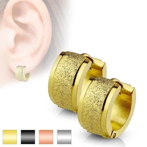 PAAR CREOLEN OHRRINGE HERREN DAMEN STAHL GOLD BAND SAND EFFEKT 7080 - Bild 1 von 5