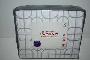 Sunbeam Microfiber White and Silver Geometrical Pattern King Sheet Set 