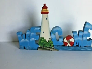 Wooden Nautical LightHouse WELCOME Sign Plaque Table Top 15.5x9 3/4" Wired - Picture 1 of 12