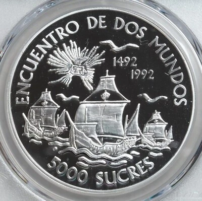 1991, Ecuador. Large Proof Silver 5000 Sucres Coin. Top Pop 2/0! PCGS PR-69 DC! - Image 1 of 3