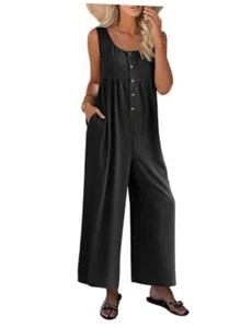 Women's Casual Summer Sleeveless Jumpsuits Button Up Wide Leg Pant Small Black - Picture 1 of 7