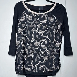 Dolan T Shirt Top Maglione Donna Manica 3/4 Pizzo Girocollo Nero Beige XS - Foto 1 di 9