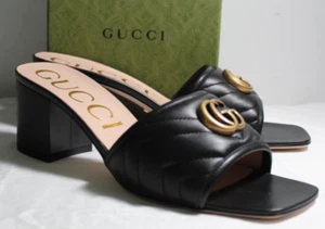 NWB Gucci GG Marmont Chevron Matelassé Slide Black Sandals Leather 41 695202 - Picture 1 of 7