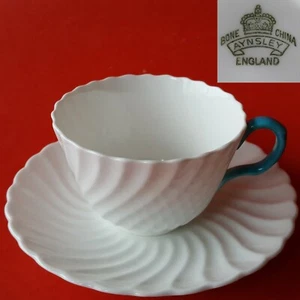 Aynsley Bone China England 'White Swirl' Flat Teacup & Saucer. Capri Blue Handle - Picture 1 of 12