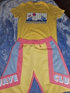 Short Sleeve T-Shirts Pink Dolphin Logo N Sweat Shorts Pink Dolphin Wave Club - Picture 1 of 8