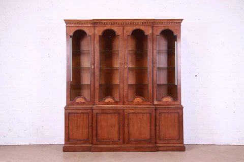 Henredon English Georgian Inlaid Yew Wood Breakfront Bookcase Cabinet Cover