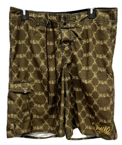 Oneill Board Shorts Olive Green Gold Size 32 Swimwear Trunks Chain Design - Picture 1 of 9
