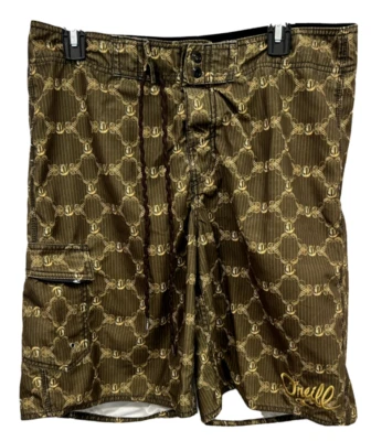 Oneill Board Shorts Olive Green Gold Size 32 Swimwear Trunks Chain Design - Image 1 of 4