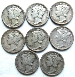 8 Mercury Dimes~1923, 1926, 1926-D, 1927, 1928, 1928-D, 1928-S, 1929 - Foto 1 di 2