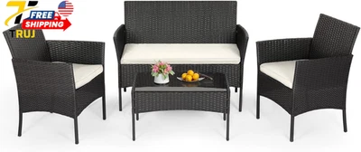 Juego de 4 Muebles de Patio de Mimbre Patio Conversación Muebles para Porche Jardín Foto 1 de 4