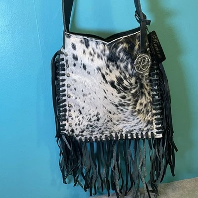 NUEVO CON ETIQUETAS Raviani Bolso de Mano Cartera Boho Cuero de Vaca Flecos Negro Cuero Tachuelas Bandolera EE. UU. Foto 1 de 4