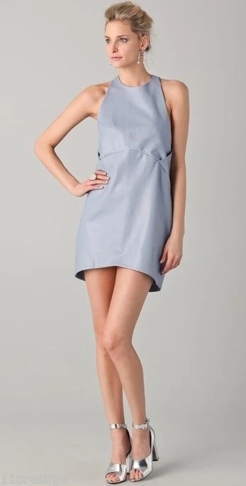 $995 Nuevo Con Etiquetas Vestido Porter Gris Perforado Cocoon Hortensia Mini Cuero Azul Talla 0 Foto 1 de 4