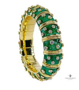 Tiffany & Co. Schlumberger Green Enamel Diamond Bangle Bracelet 18kt Gold France - Picture 1 of 18